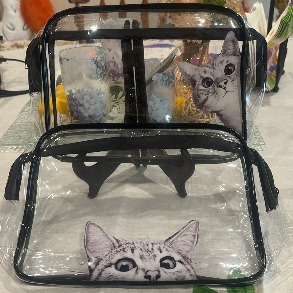 2 Tabby Cat Clear Plastic PVC Travel Toiletry Bags